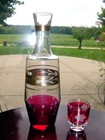 Vintage Cranberry Gold Etched Cut To Clear Decanter Bottle W Shot Glass Stopper