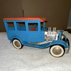 Vintage Blue Tin Toy Car Orange Roof Opening Doors Collectible