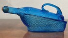 Vintage Glass Cobalt Blue Bottle With Cork  In A Basket Handle  Oil Wine Decore