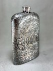 Vintage Derby International Silver-plated Hip Flask Embossed Tavern Scene Usa