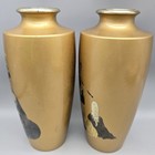 Pair Gilt Bronze Japanese Vases With 7 Immortal Figures Signed 8 5  Tall