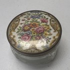Vintage Glass Vanity Powder Jar   Faux Needlepoint Floral Lid   3 5    Trinket Box