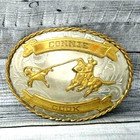 Western Calf Roping Trophy Belt Buckle Rodeo Nickel Silver Vintage 80s  cvb320