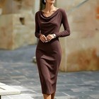 Boat Neck Long Sleeves Figure-hugging Hip-skimming Midi Dress For Women
