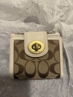 Coach Bifold Card Wallet Turn Lock Logo Print Brown White Blue Women s