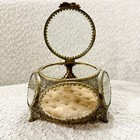 Beautiful Vintage Gold Filigree Beveled Glass Jewelry Ormolu Casket Box 