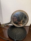 Vintage Silver Plated Floral Patina Embossed Round Vanity Hand Mirror
