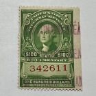 Rare U s   100 Documentary Revenue Green Red Stamp Imperf Right  Washington