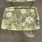 2 Vintage Metal Tv Trays With Legs Green  Gold Yellow Flowers Good Condition