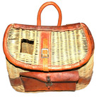 Vtg Fishing Creel Wicker Basket  Shoulder Strap Leather Pocket   Trim British Hk