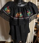 Campesina Mexican Black Ruffled Off Shoulder Floral Embroidered Blouse Vintage