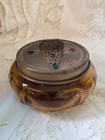 Antique Amber Glass Powder Jar Trinket Box With Ornate 24k Plated Lid   Gem Acce