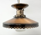 Vintage Ceiling Light Fixture Hooded Lamp Scalloped Metal Shade Hobnail Glass