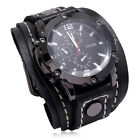 Wide Leather Watch Cuff Band Brown Wrist Black Strap Punk Retro Quartz Mens New