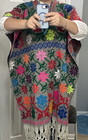 Vintage Mexican Mayan Poncho Serape Embroidered Hippie Boho Macrame Fringe