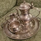 Antique Pewter 2-handle Tray And Matching 3-piece Tea Set