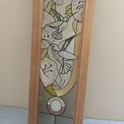 Stained Glass 40x9  Window Panel Oak Framed Blue clear Etched Hummingbird Flower