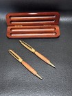 Wooden And Gold Trim Ballpoint Pen And Mechanical Pencil Set Solid Wood Case 