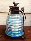 Vintage Cast Iron Lantern     candleholder Hurricane Iridescent Glass 10 X 7