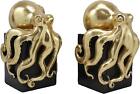 Nautical Coastal Gold Color Octopus Bookends Resin Statue Set With Black Base