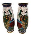 6  Asian Cloisonne Bud Vases Peacocks   Floral Design Torpedo Shape Two Matching