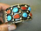 Native American Indian Turquoise Coral Cluster Sterling Silver Watch Bracelet Hl