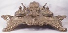 Victorian Inkwell Double Cast Iron Child Cat Scrolls Gold Paint Antique Beauty