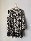 Zara Womens Black White Geometric V-neck Puff Sleeve Ruffle Tunic Blouse Xl