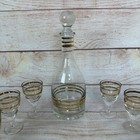 Vintage Mcm Gold-banded Decanter 6 Cordial Footed Glass Bar Set Mid Century 50s