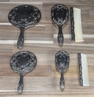 1950s Victorian 6-piece Silver Plated Floral Raised Hair Brush Mirror   Comb Set