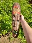 Vintage Decorative Carved Wood Mask  Wall Hanging  Handpainted  Inlaid Shell