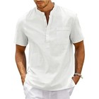 Men s Henley Neck Linen Shirt Summer Short Sleeve Casual Beach Tops S   3xl