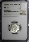 Hungary Silver 1870 Kb 20 Krajczar Ngc Ms62 One Graded Highest Rare Km 452 1  3 