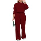 Womens 2pcs Outfits Sweatsuit Long Sleeve Crop Top Wide Leg Pants Tracksuits Set