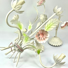 Vintage French 3 Arm Metal Chandelier Ceiling Light In White With Pink Flowers