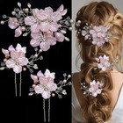 3 Pcs Large Flower Bridal Wedding Hair Pins - Crystal Glitter Emboss Pink Flower