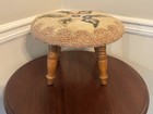Vtg Hooked Foot Stool Wooden Floral Round 13x9  Needlepoint Upholstered