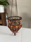 Vtg Hanging Metal Basket Beaded Tea Candle Holder Yellow Orange Beads 8      Chain