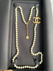 Chanel 2023a Gold Tone Iconic Big Cc Logo White Pearls Necklace Button Charm