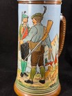 German Vintage Etched Beer Stein Hunter Hound Theme Pewter Lid Mettlach Style