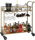 2 Tier 360   Rolling Drinks Wine Bar Serving Cart Small Trolley Wine Glass Holder