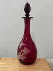Vintage Possibly Antique Bohemian Cranberry Glass Decanter W  Etched Decoration