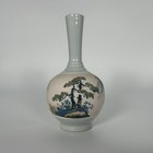 Chinese Celadon Porcelain Bottle Vase Hand Painted Mountain Landscape Birds Mark
