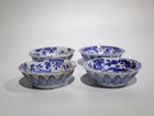 Set Of 4 Antique Chinese Blue And White Lotus Petal Porcelain Dishes With Box