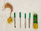 Vintage Art Deco Green Yellow Carved Celluloid Bakelite Case Manicure Set Tassel