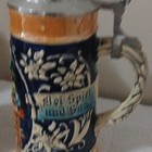 German Lidded Beer Stein W  Pewter Lid Scenic Relief   Three Wobble Tops