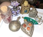 Lot Of 8 antique vintage ornate Perfume    bottles glass Metal Stone Jeweled Minis