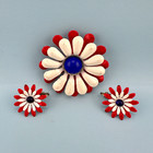 Vintage Enamel Flower Brooch Earrings Set Red White Blue Daisy Mod Retro 60s