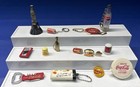 Lot Of Coca Cola Collectible Memorabilia Keychains Lapel Pins Tape Measure Bell