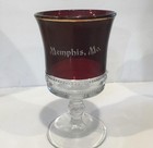 Eapg Ruby Stained Souvenir Glass Goblet  Memphis Mo  Double Beaded Band Pattern